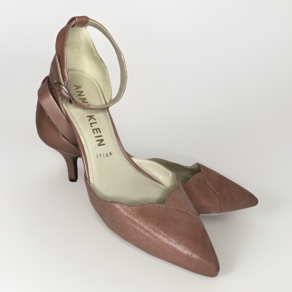Anne Klein Blush Pink Textile Kitten Heel Pumps Pointed Toe Ankle Strap